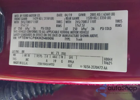 2019 Ford F-150 Xlt from USA, damaged, VIN 1FTEW1CP8KKD46906